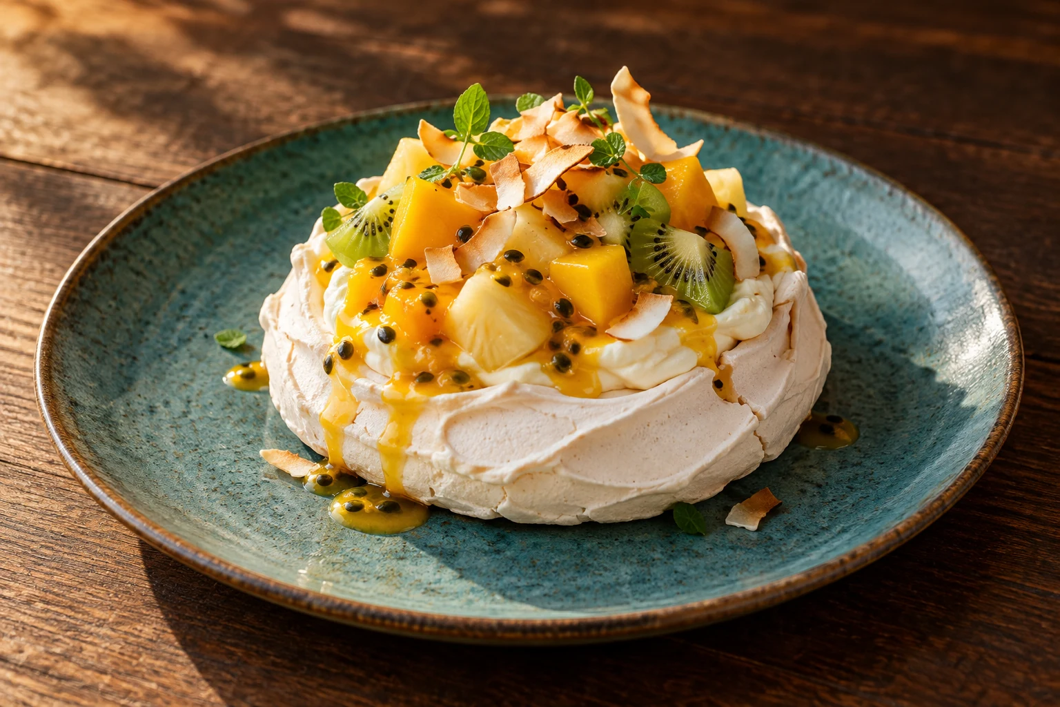 Pavlova tropical — imagem criada a partir do cardápio