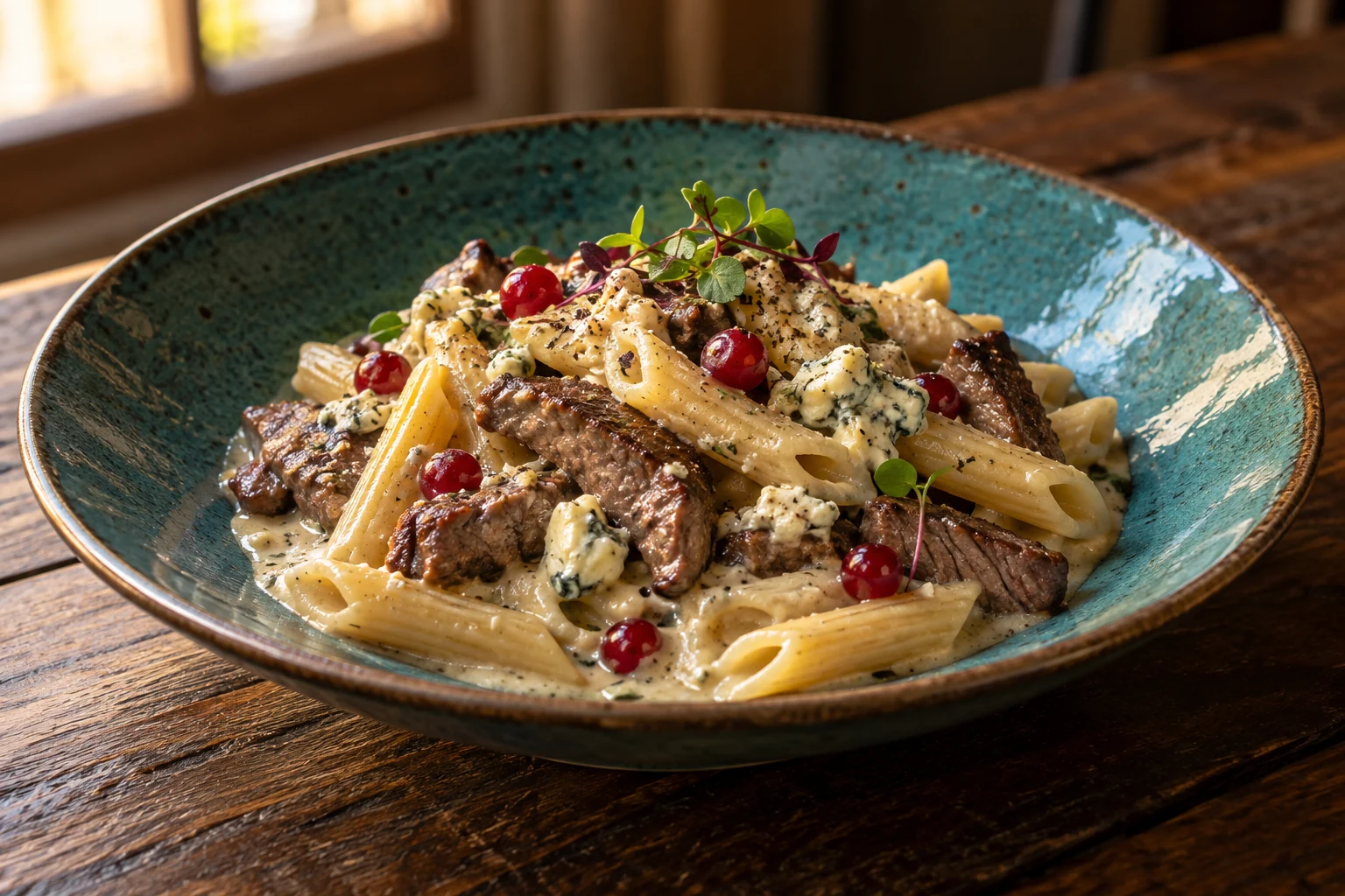 Penne com iscas de filé — imagem criada a partir do cardápio